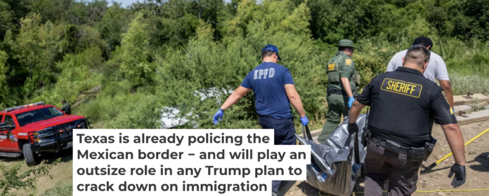 Maverick County Sheriff’s Office Deputy Sgt. Aaron Horta, EMT operators and Border Patrol officers carry a body out of a canal on June 28, 2023, in Eagle Pass, Texas. Brandon Bell/Getty Images